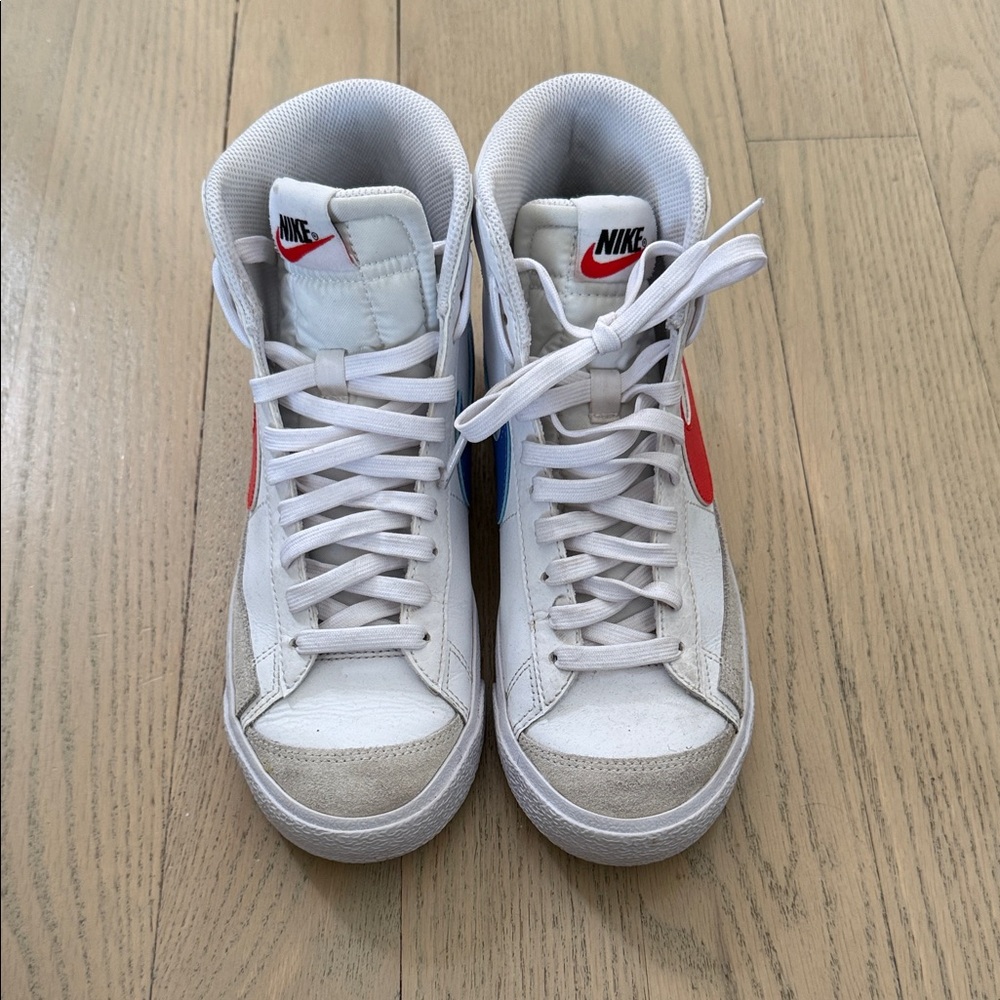 Nike White and Red High-Tops with Blue Detail
